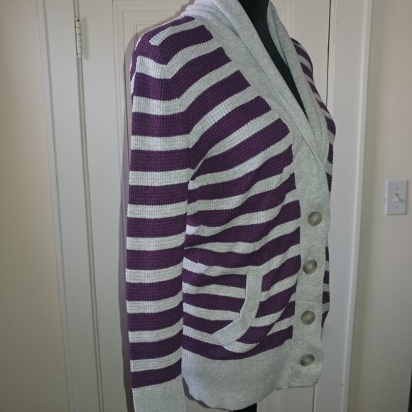 American Eagle: Purple & Grey Striped Waffle Knit Long Cardigan Sweater: Size L - Picture 2 of 9